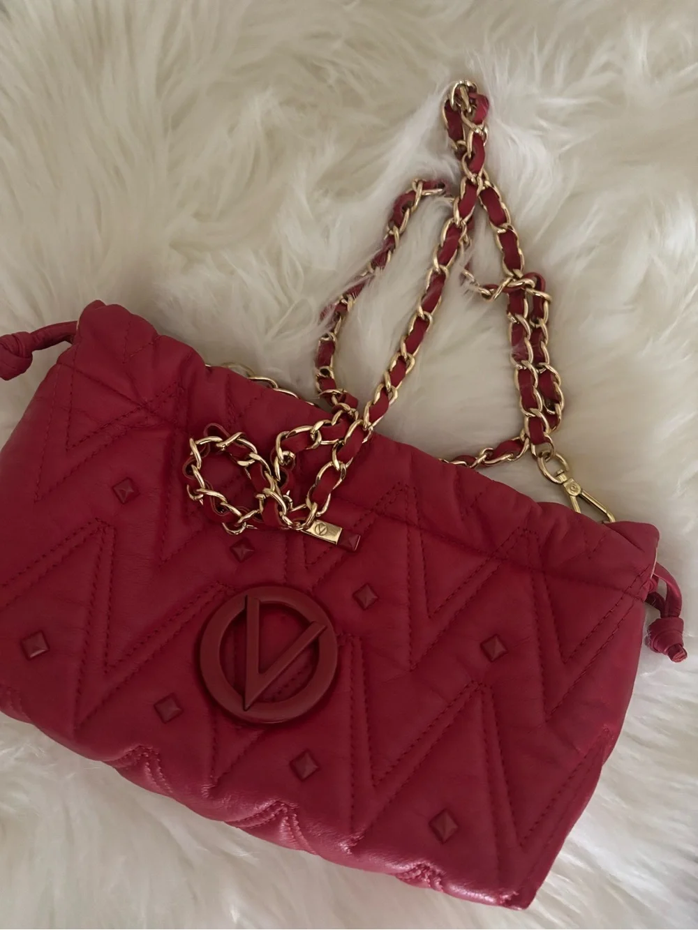 Valentino By Mario Valentino Quilted Red Crossbody with Gold Chain